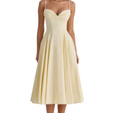vestido midi de algodão cor limão com corte princesa