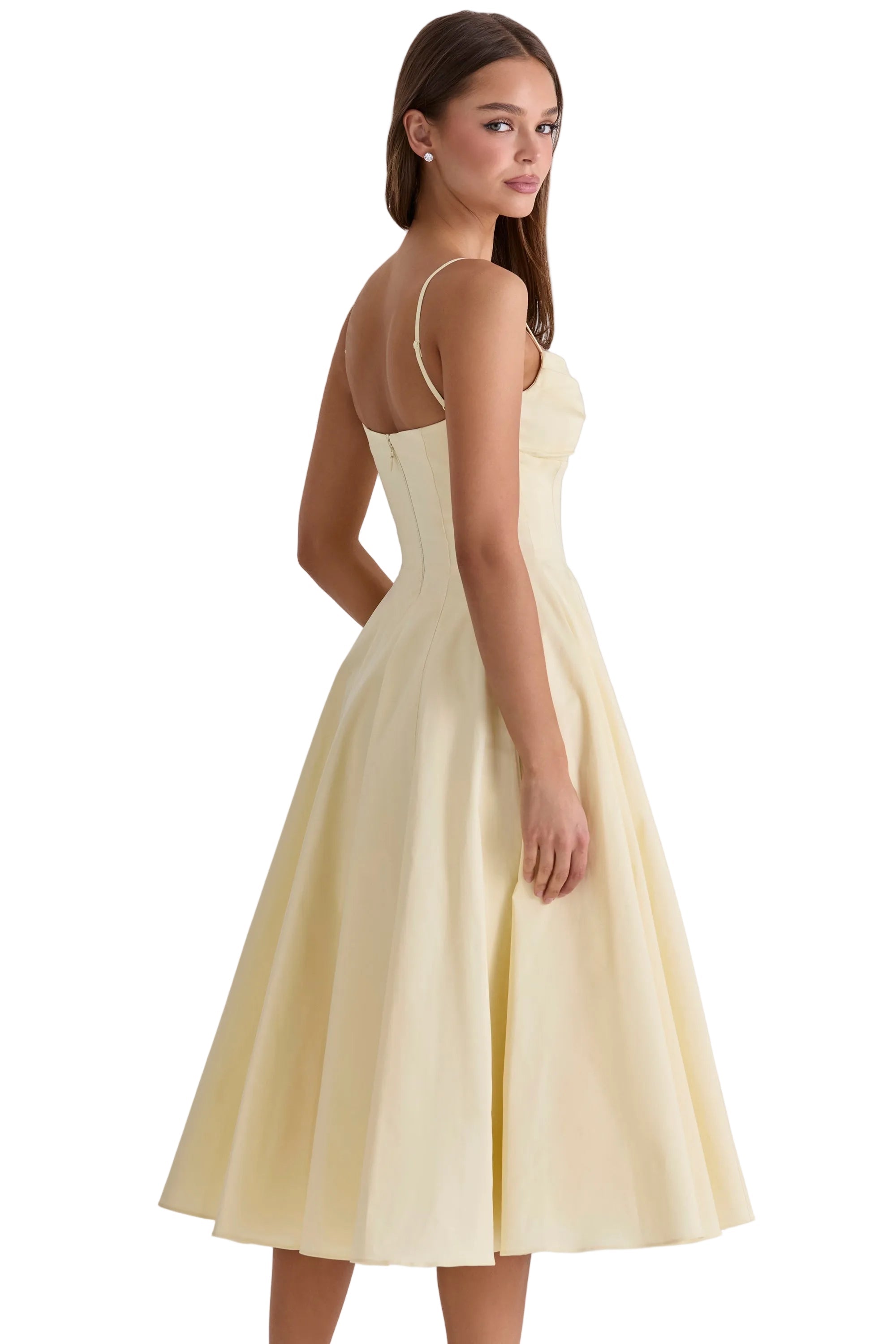 vestido midi de algodão cor limão com corte princesa